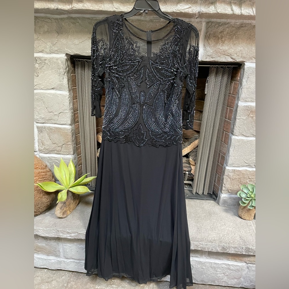 Pisarro Nights Beaded 3/4 Length Sleeve Evening Gown